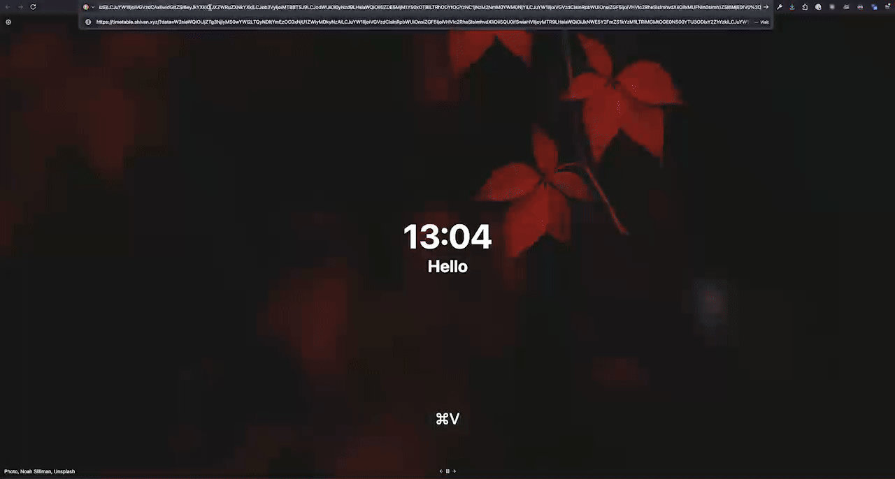 A new browser tab is opened and a link is pasted with the base64 string as the url parameter and prepopulated timetable appears