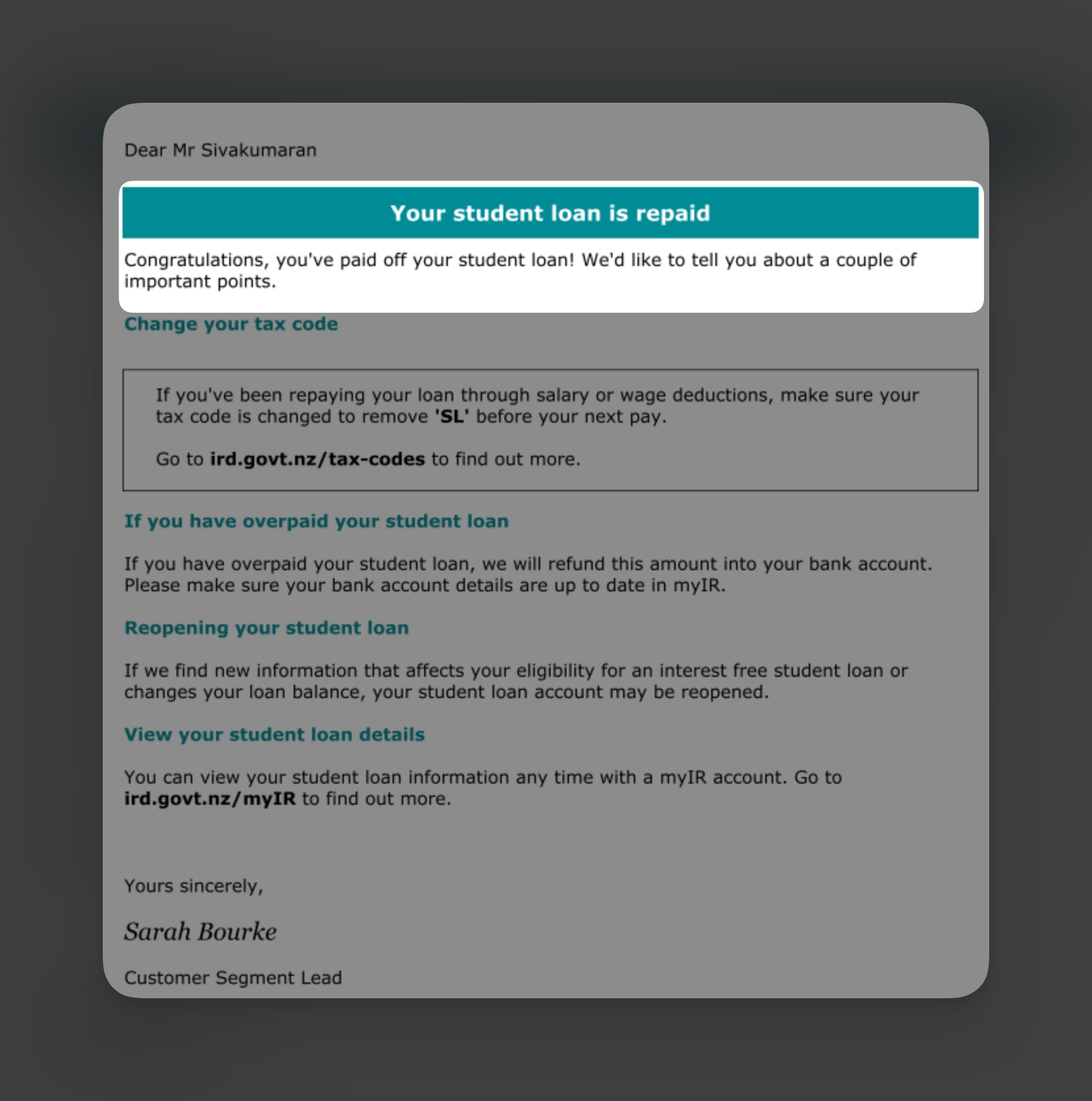 A screenshot of a letter congratulating Mr Sivakumaran for paying of his Student Loan