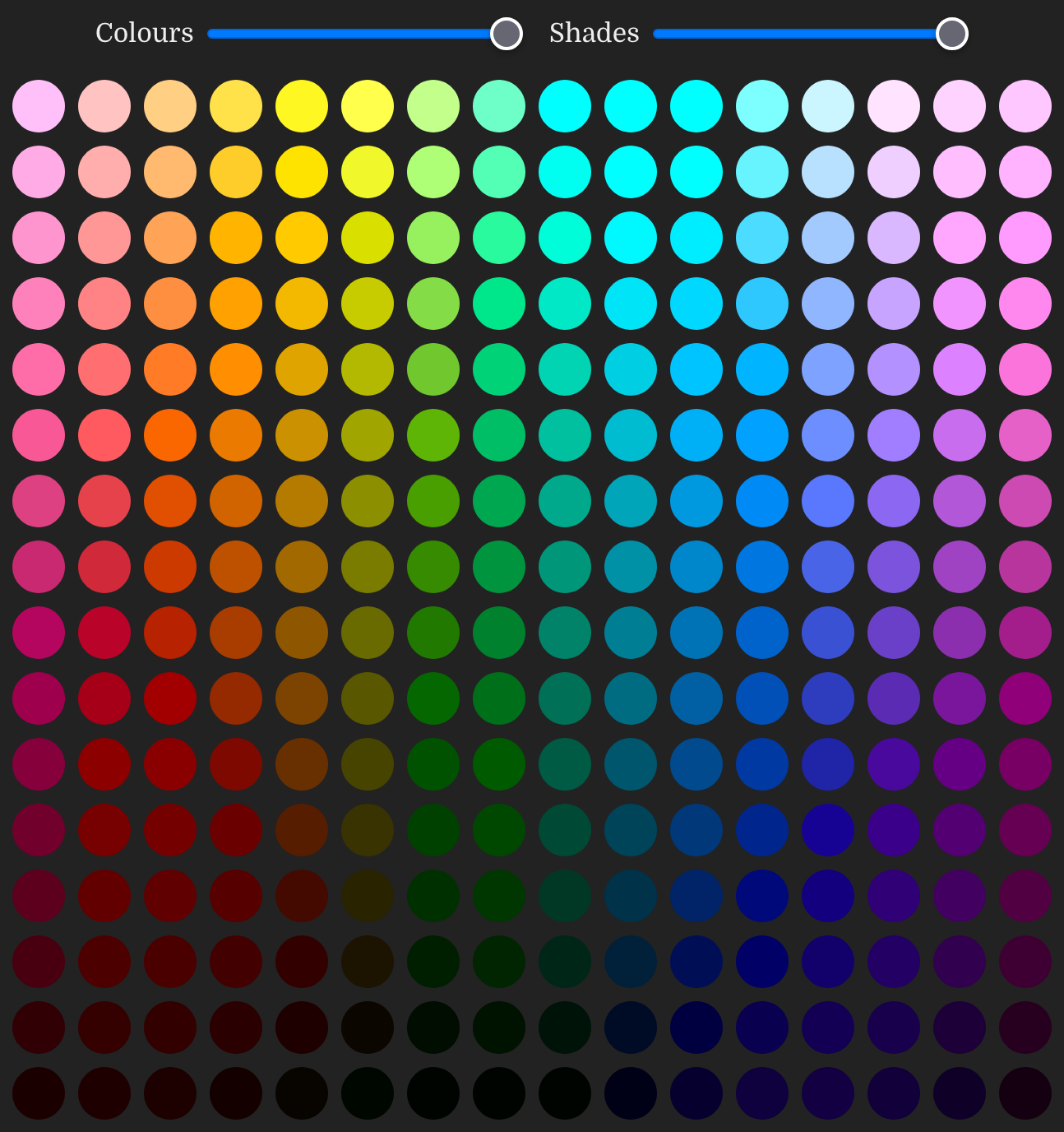 An image of colours in circles with sliders at the top, one for colours and another for shade