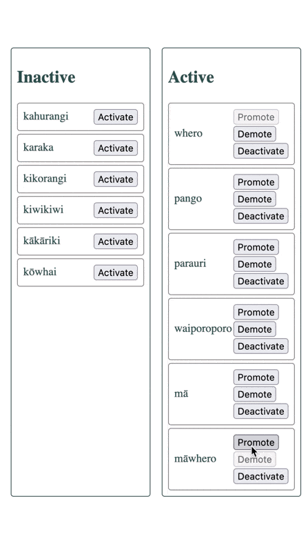 Buttons are clicked resulting in instant movement of the cards