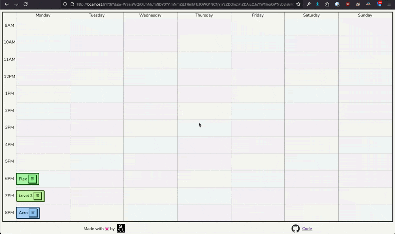 A demo of the application. A timetable is shown with classes between 6pm to 8pm on Monday and Tuesday. A class is being created and a various classes are being dragged and dropped. A feature being shown is how classes of the same name have the same colour