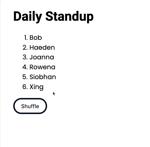 A button is clicked, no loading text is shown followed by the names of individuals being shuffled with a slight page refresh