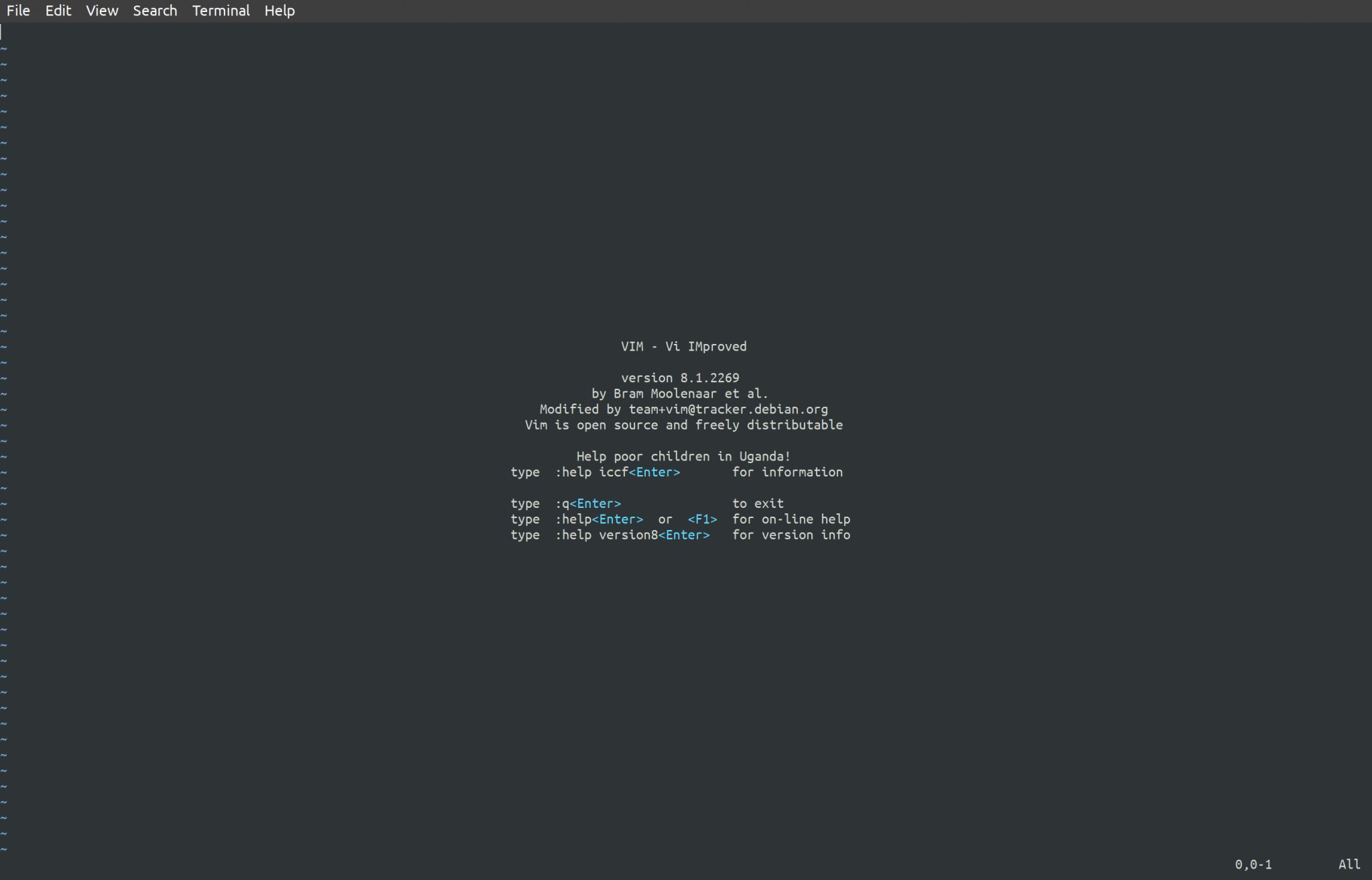 Screenshot of a vim welcome page