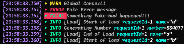 Text in a terminal with different levels of severity, warn, error, fatal and info. The info has metadata while the others, warn, error, and fatal do not