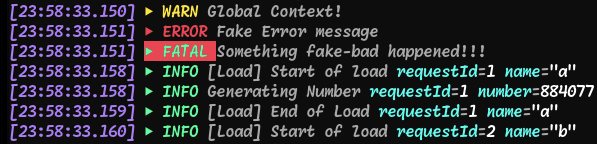 Text in a terminal with different levels of severity, warn, error, fatal and info. The info has metadata while the others, warn, error, and fatal do not