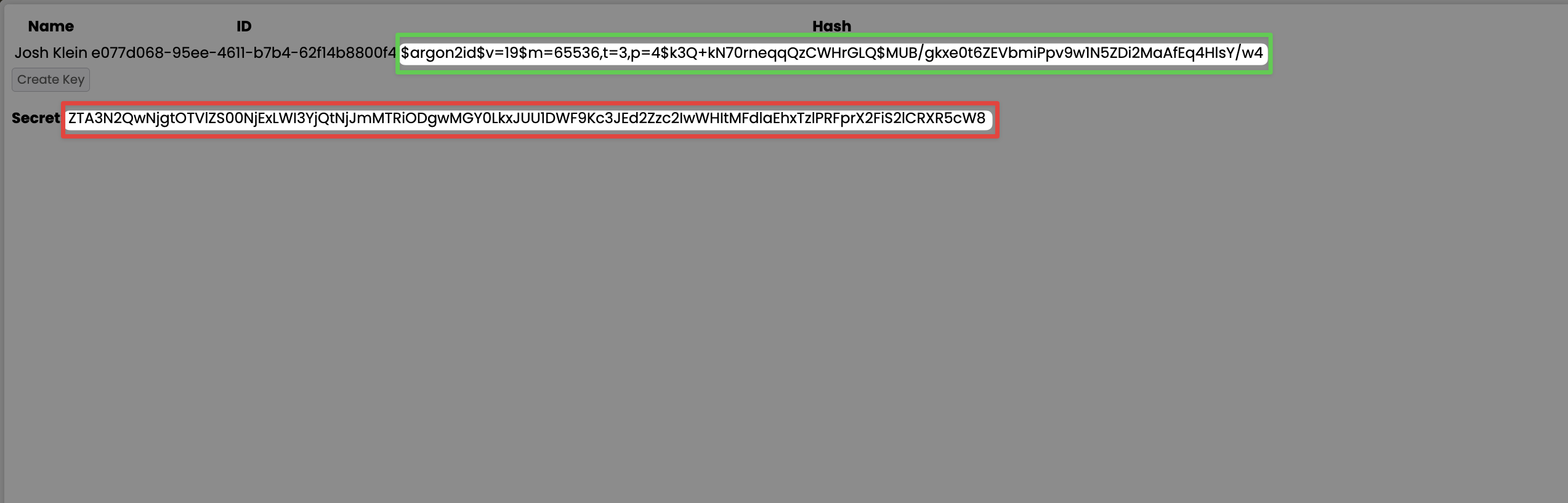 Screenshot of secret and hash being displayed on a webpage