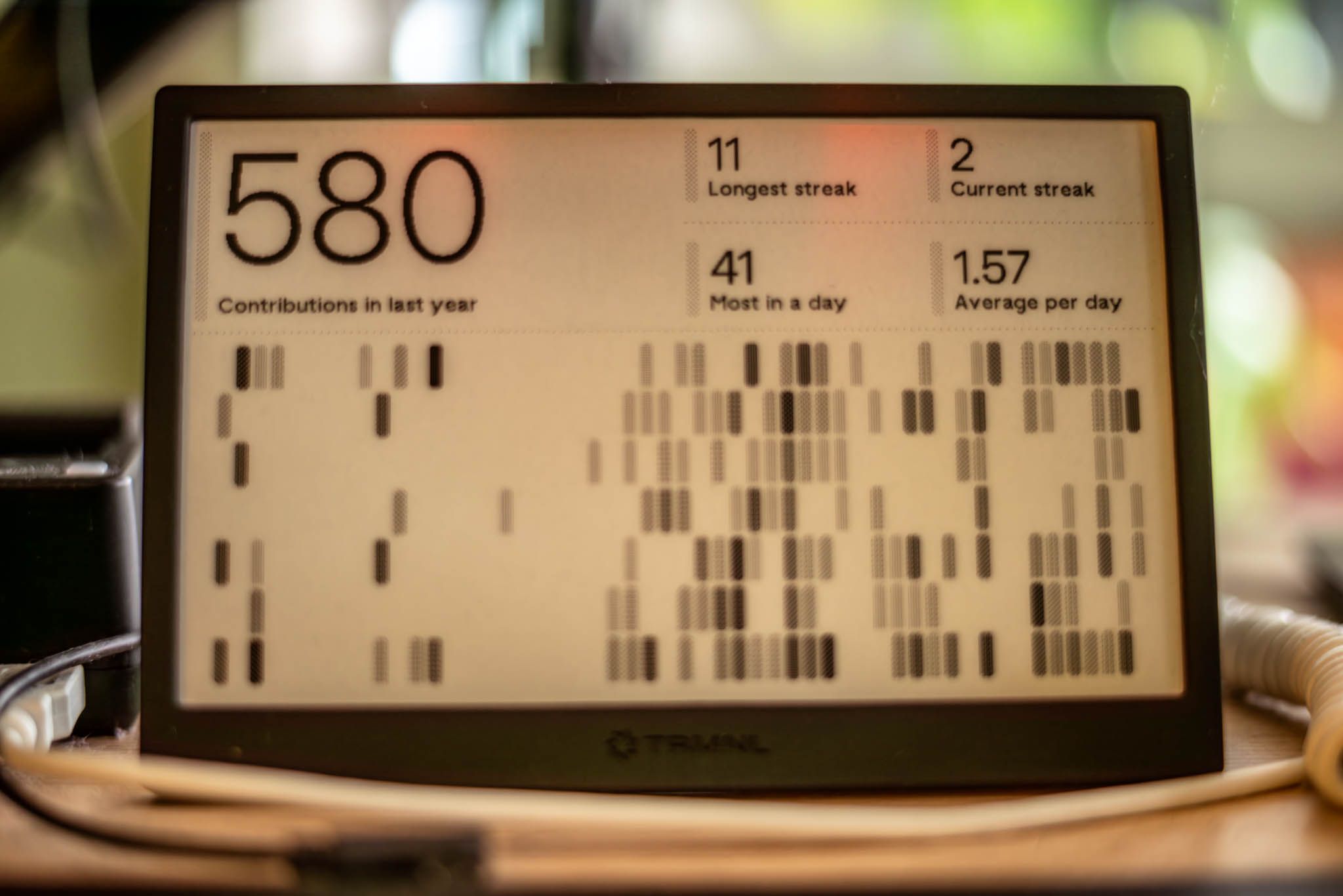 E-ink display showing github graph with 580 contributions in the last year
